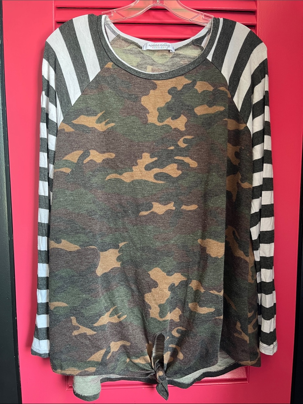 Womens Camo & Striped Raglan Top with Front Knot